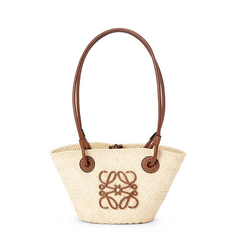 商品Loewe|【预售3-7天】LOEWE/罗意威 22春夏新款Basket系列 女士迷你自然色棕榈编织棕褐色牛皮手柄篮子手提包A223P64X01-2435,价格¥4182,第1张图片