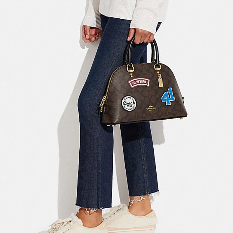 商品[国内直发] Coach|蔻驰 Katy 30 经典老花拉链开合滑雪贴饰 皮革 单肩斜挎手提包 大号 女款 深棕色,价格¥1982,第7张图片详细描述