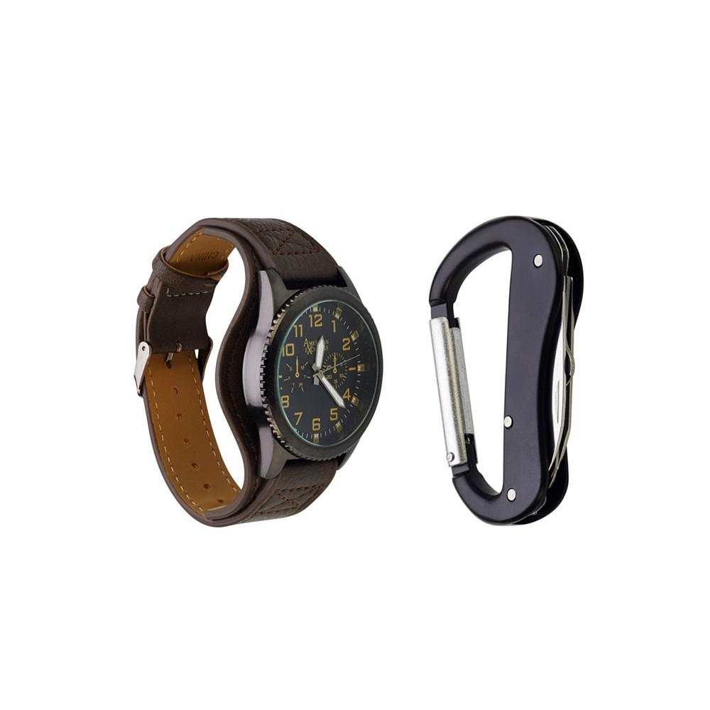 Men's Quartz Movement Black Leather Strap Analog Watch, 44mm and Carabiner Tool with Zippered Travel Pouch商品第2张图片规格展示