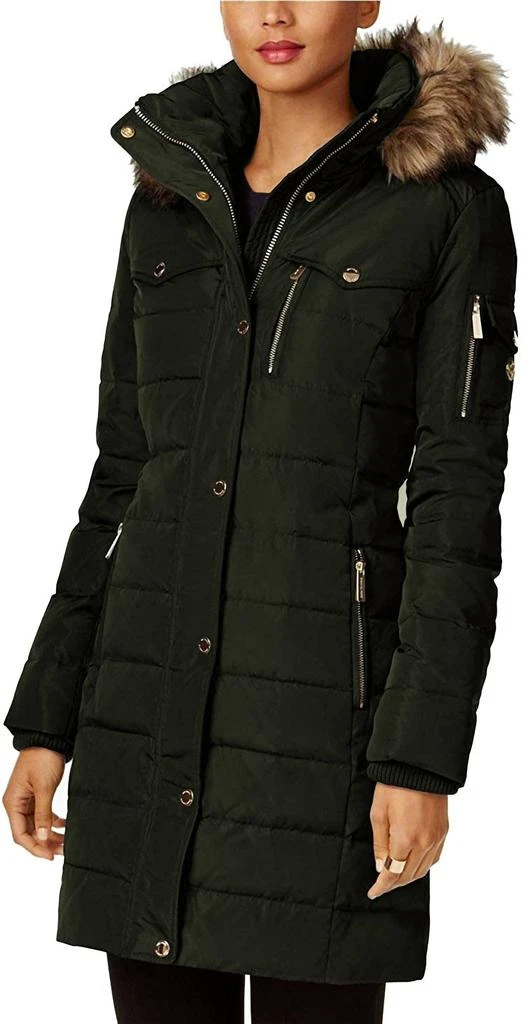 商品Michael Kors|Down Fill Faux Fur Hood 3/4 Puffer Coat In Dark Moss,价格¥1186,第1张图片
