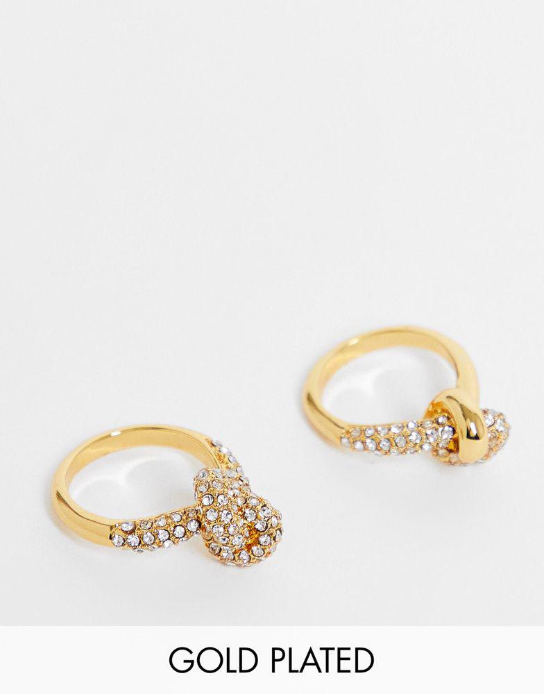 ASOS DESIGN 14k gold plated pack of 2 rings in knot design with crystal商品第1张图片规格展示