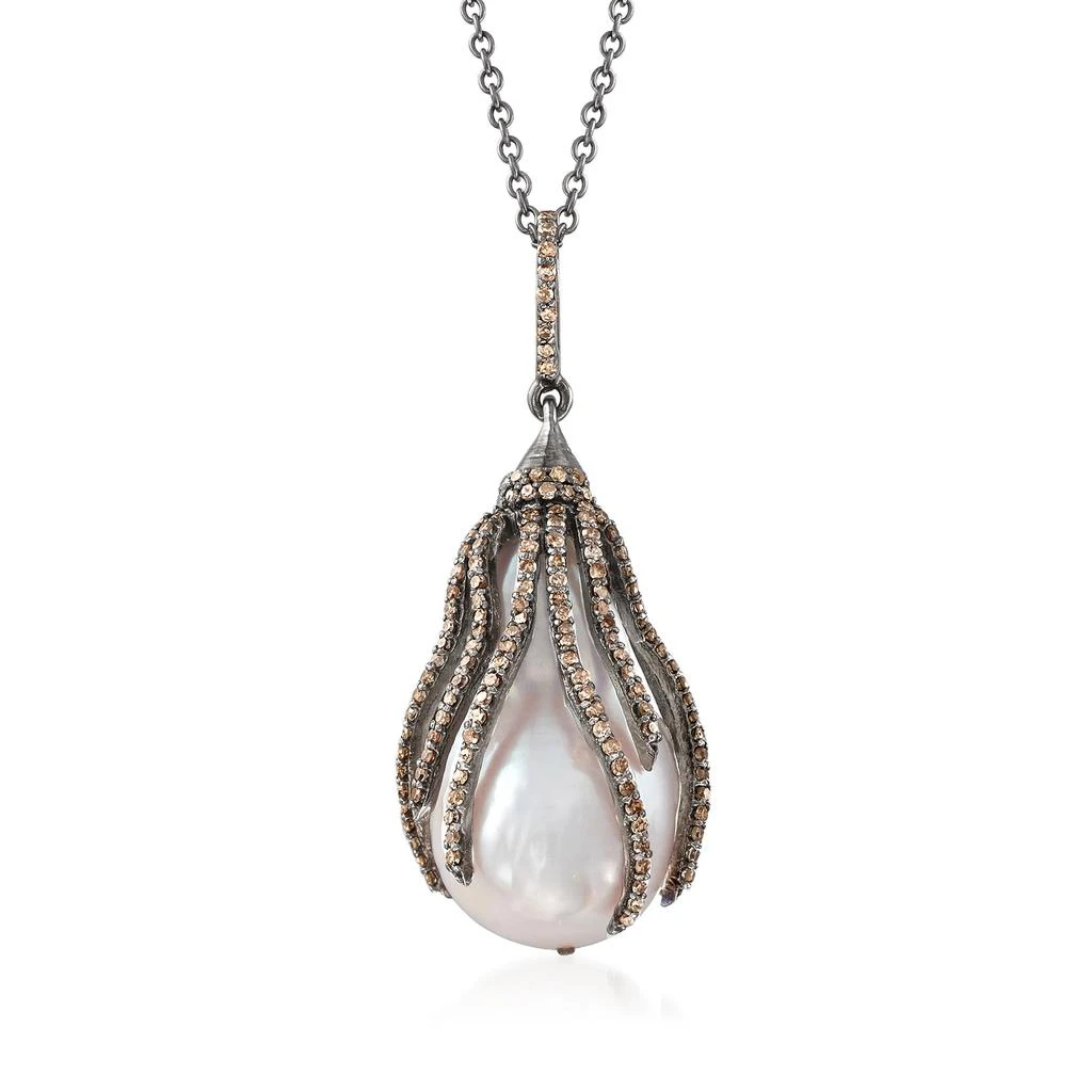 商品Ross-Simons|22.7x15mm Cultured Baroque Pearl and Brown Diamond Pendant Necklace in Sterling Silver,价格¥1977,第1张图片