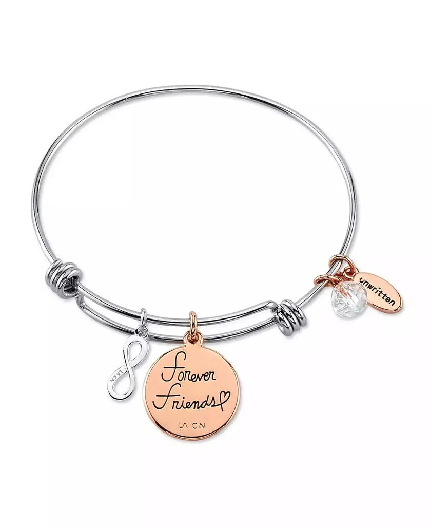 商品Unwritten|"Forever Friends" Infinity Bangle Bracelet in Stainless Steel & Rose Gold-Tone with Silver Plated Charms,价格¥420,第2张图片详细描述