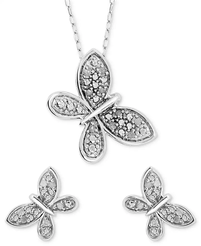 商品Macy's|2-Pc. Set Diamond Butterfly Pendant Necklace & Matching Stud Earrings (1/6 ct. t.w.) in Sterling Silver,价格¥758,第1张图片