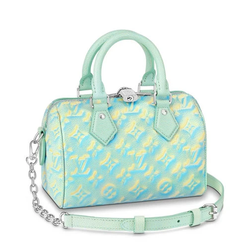 【预售十天】Louis Vuitton/路易威登 22新款SPEEDY 20系列 女士水绿色喷绘效果老花压纹粒面牛皮革银锁银链单肩斜跨链条包M46092 商品