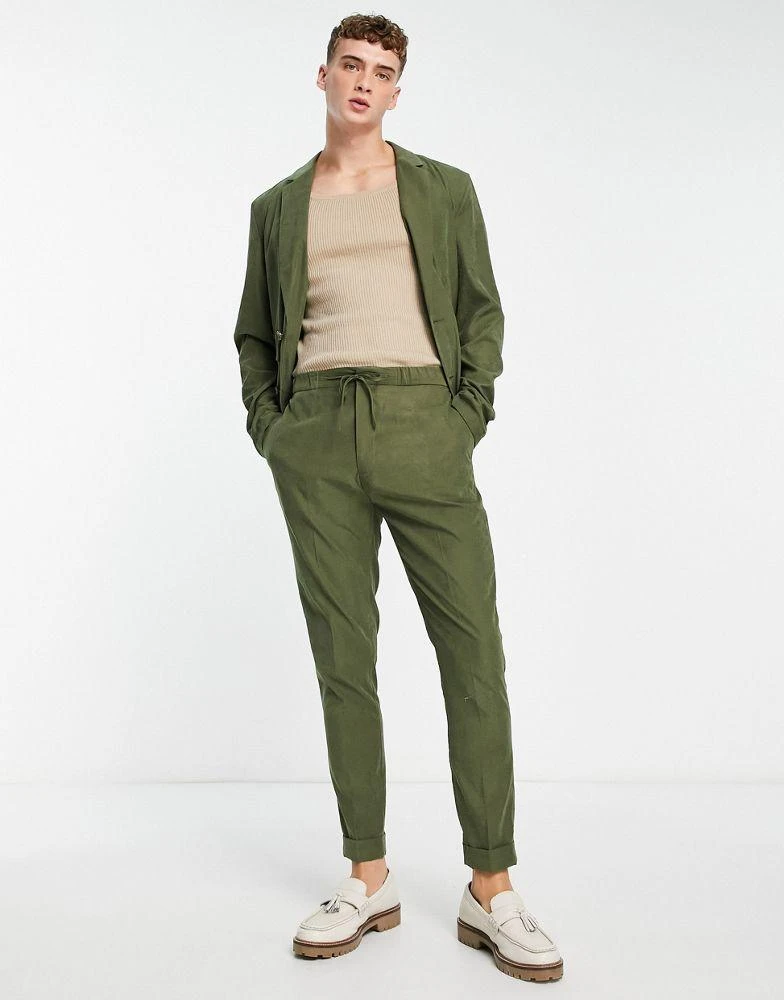 商品ASOS|ASOS DESIGN tapered jogger waist commuter suit trousers in khaki faux suede,价格¥227,第1张图片