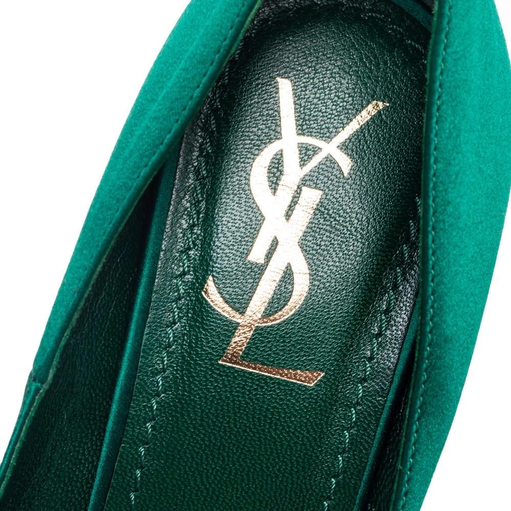 Yves Saint Laurent Green Satin Palais Platform Peep Toe Pumps Size 39 商品