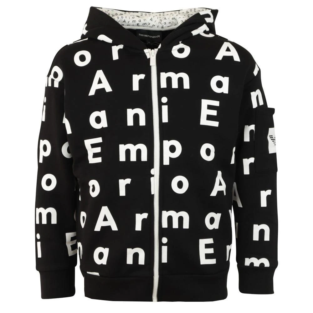 商品Emporio Armani|Black Repeat Abstract Logo Zip Up Hoodie,价格¥548,第1张图片