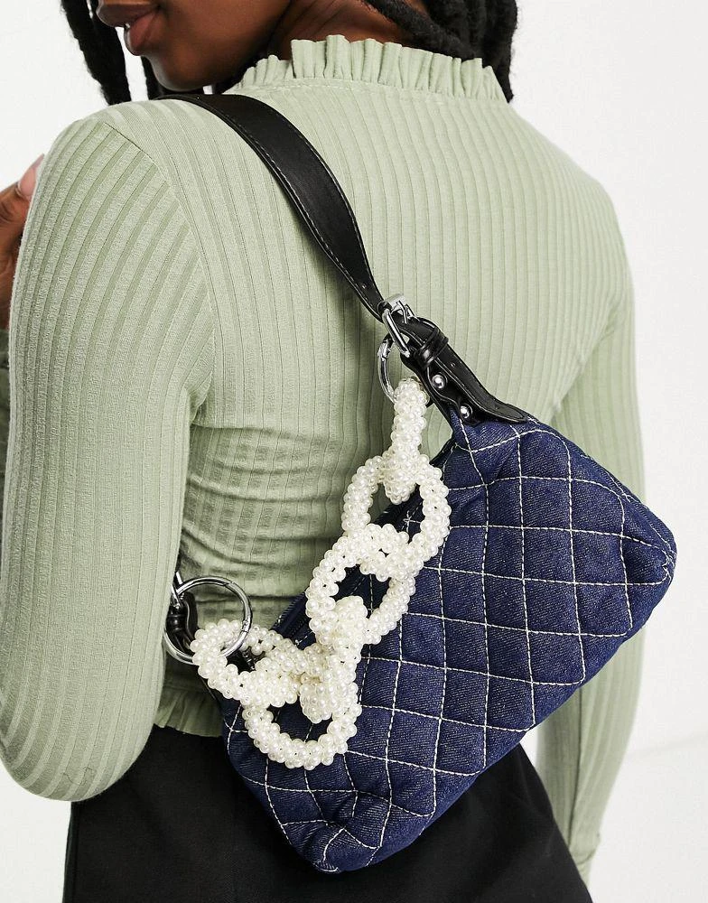 商品ego|Ego shoulder bag with quilt and pearl links in blue,价格¥112,第3张图片详细描述