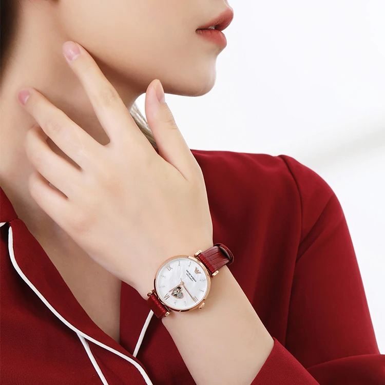 商品[国内直发] Emporio Armani|阿玛尼机械�之心系列 腕表 机械机芯 皮革表带 29mm 贝母色表盘 女表 防水时尚潮流,价格¥4776,第7张图片详细描述