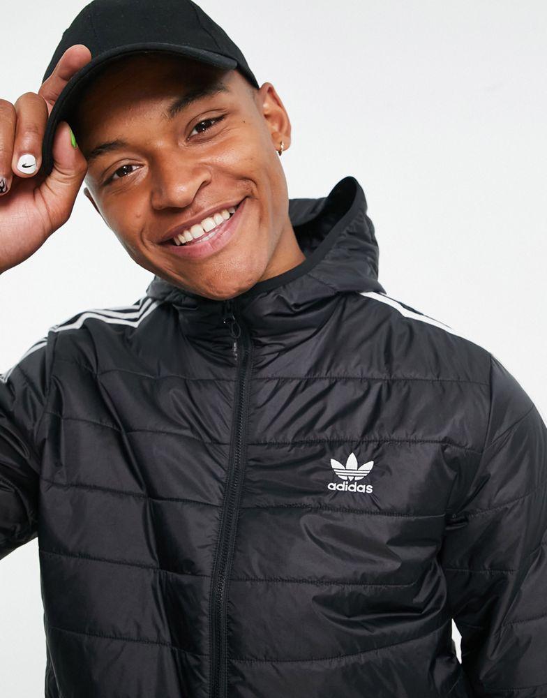 adidas Originals Adicolor 3 stripe hooded puffer jacket in black商品第3张图片规格展示