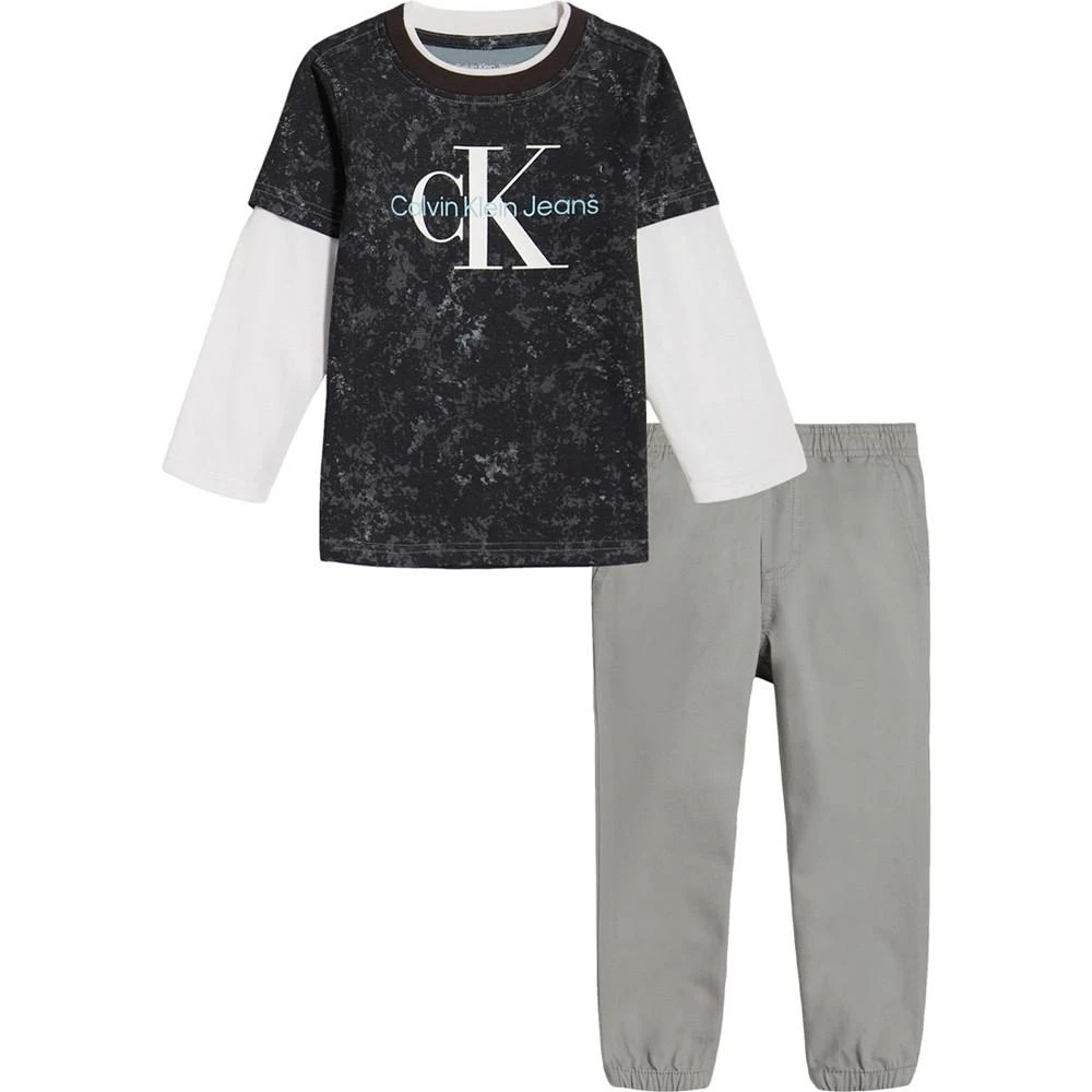 商品Calvin Klein|Toddler Boys Long Sleeve Printed Twofer Logo T-shirt and Twill Joggers, 2 Piece Set,价格¥89,第1张图片