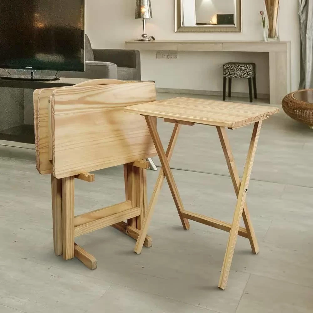 商品QuikFurn|Set of 4 - Solid Wood Folding TV Tray Table Set with Stand in Natural Finish,价格¥1462,第3张图片详细描述