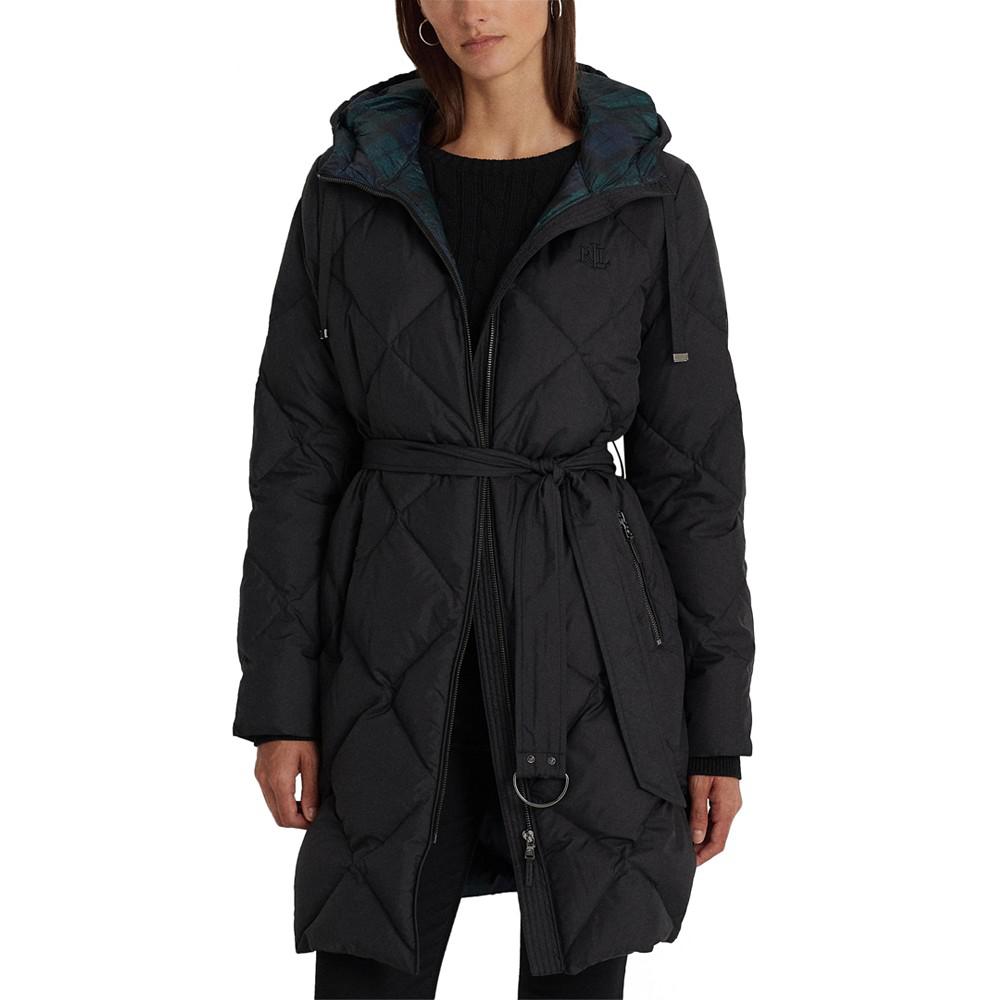 Women's Diamond Quilted Belted Hooded Puffer Coat商品第1张图片规格展示