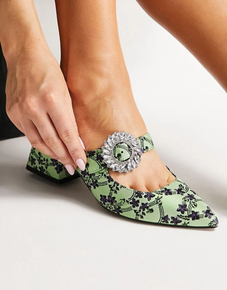 商品ASOS|ASOS DESIGN Wide Fit Willis embellished mid heeled mules In jacquard,价格¥203,第2张图片详细描述