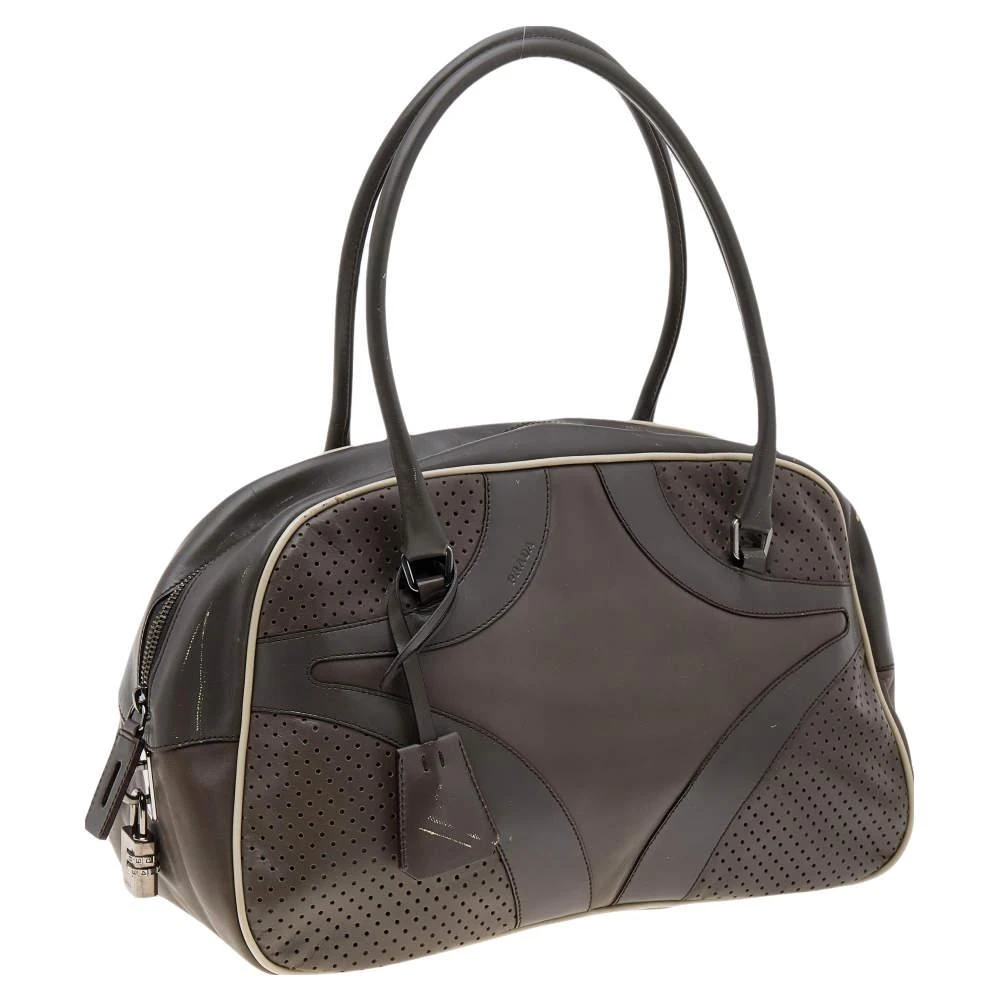 商品[二手商品] Prada|Prada Grey/White Vitello Drive and Perforated Leather Bowler Bag,价格¥1003,第3张图片详细描述