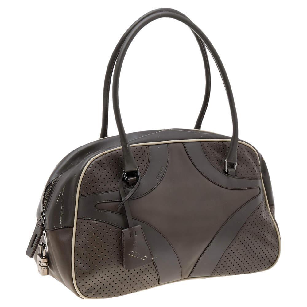 商品[二手商品] Prada|Prada Grey/White Vitello Drive and Perforated Leather Bowler Bag,价格¥1193,第5张图片详细描述