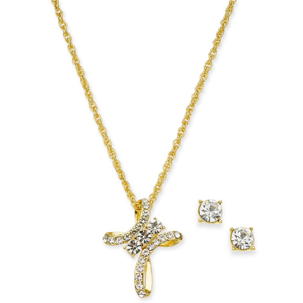 Gold-Tone Pavé Crystal Cross Pendant Necklace & Stud Earrings Boxed Set, 17" + 2" extender, Created for Macy's商品第1张图片规格展示