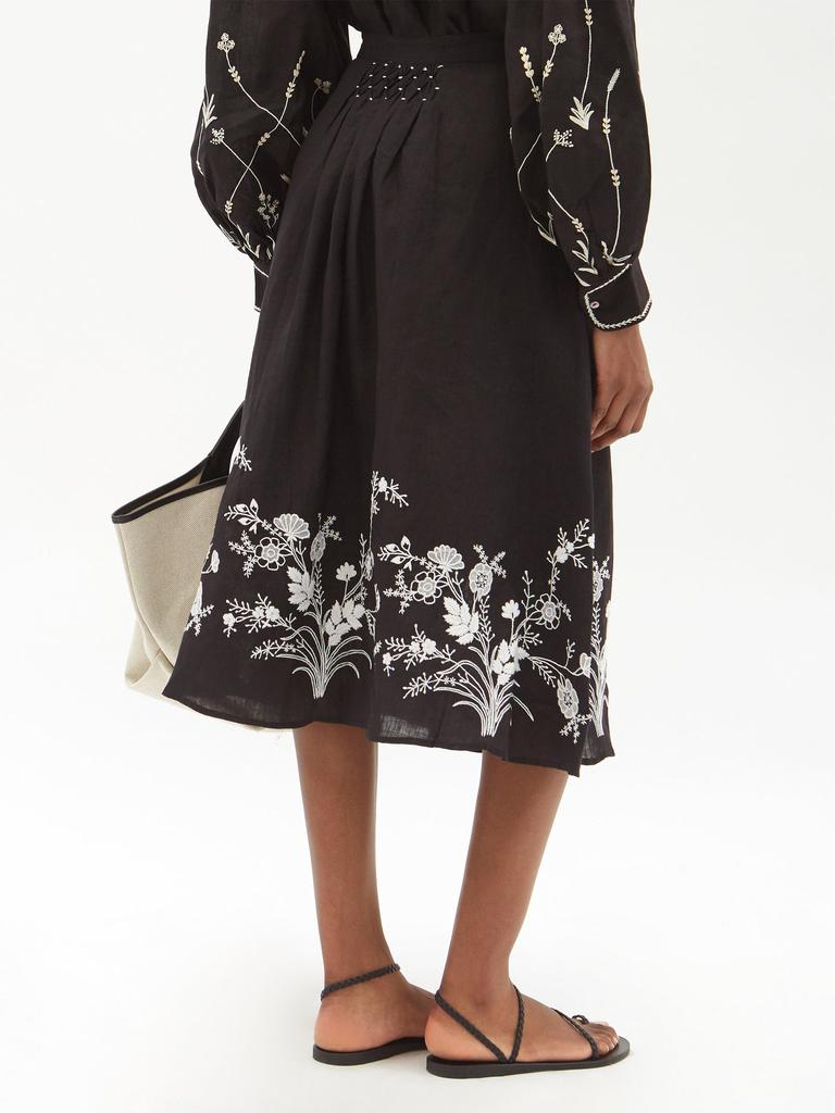 Yulia floral-embroidered linen midi skirt商品第5张图片规格展示
