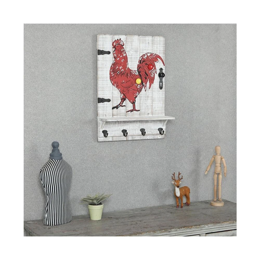 Metal Rooster Wood Wall Plaque with Four Key Hooks 商品