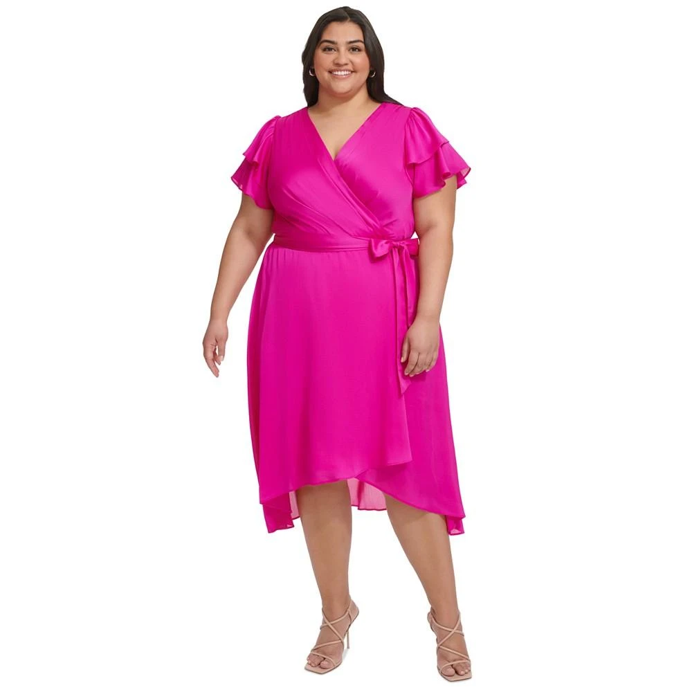 商品DKNY|Plus Size Satin Ruffle-Sleeve High-Low Wrap Dress,价格¥416,第1张图片