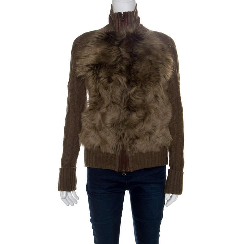 商品[二手商品] Ralph Lauren|Ralph Lauren Brown Wool and Angora Knit Fur Panel Detail Zip Front Jacket XS,价格¥1471,第1张图片