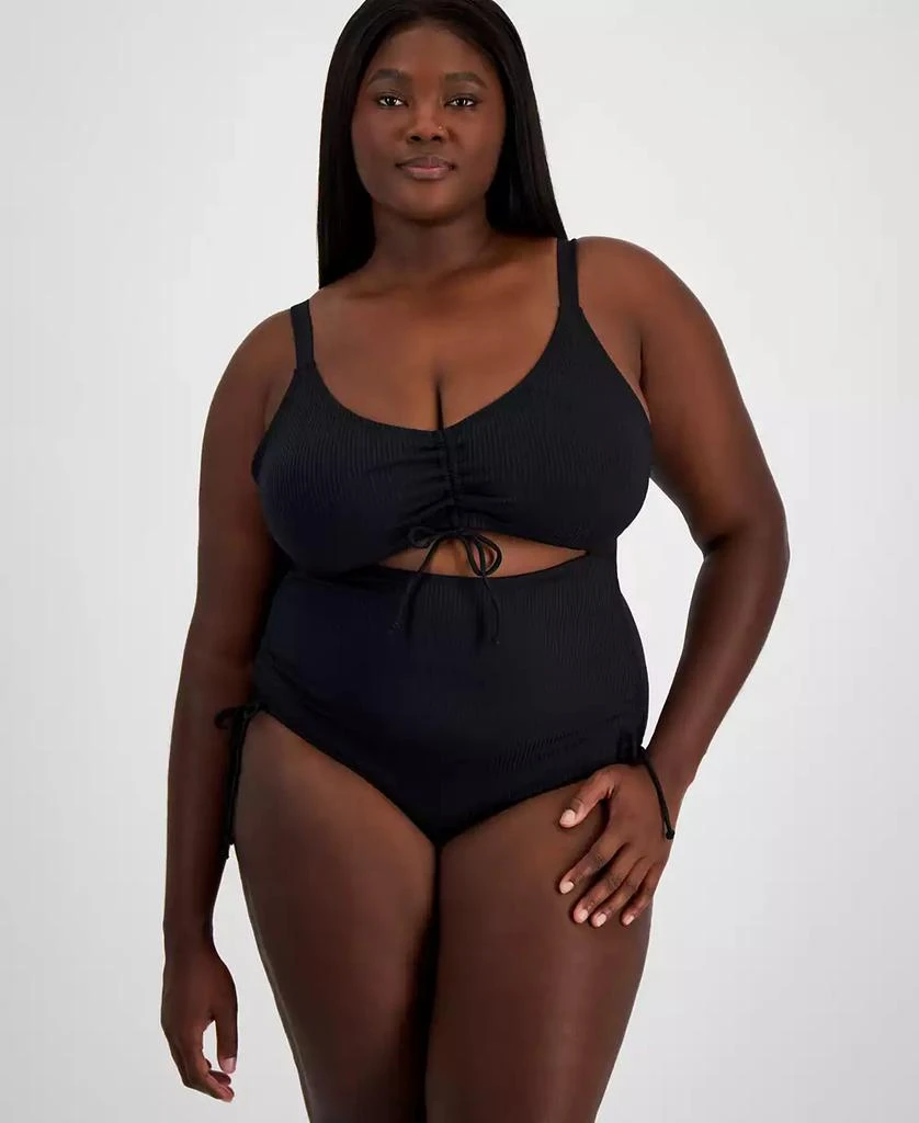 商品California Waves|Salt + Cove Trendy Plus Size Ribbed Cutout One-Piece Swimsuit, Created for Macy's,价格¥92,第1张图片