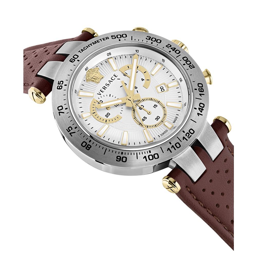 Men's Swiss Chronograph Bold Brown Perforated Leather Strap Watch 46mm商品第3张图片规格展示