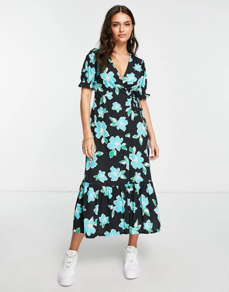 商品New Look|New Look floral wrap front open back midi dress in blue,价格¥220,第1张图片