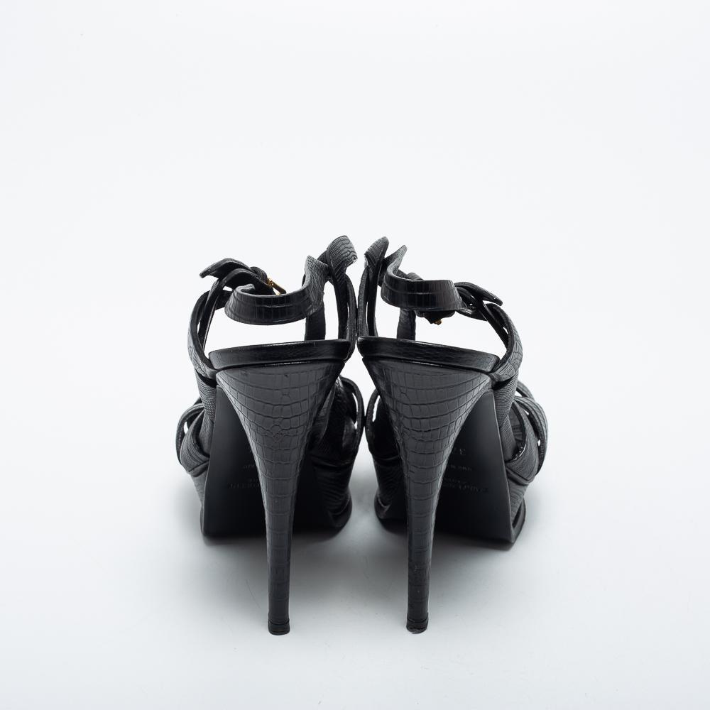 商品[二手商品] Yves Saint Laurent|Yves Saint Laurent Black Lizard Embossed Leather Tribute  Ankle Strap Sandals Size 37.5,价格¥4856,第7张图片详细描述
