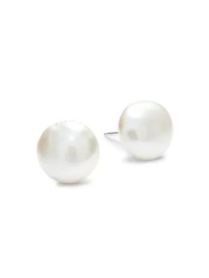 Sterling Silver & 12MM White Round Freshwater Pearl Stud Earrings商品第1张图片规格展示