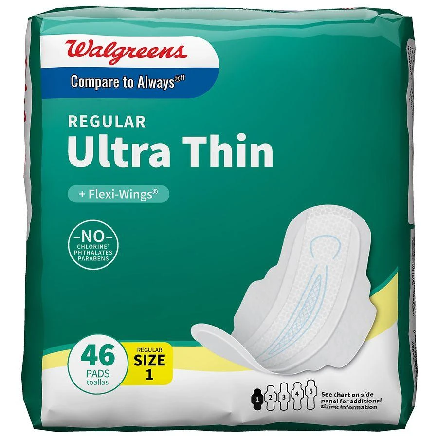 商品Walgreens|Ultra Thin Maxi Pads, Regular, With Flexi-Wings Unscented, Size 1 (ct 46),价格¥49,第1张图片详细描述