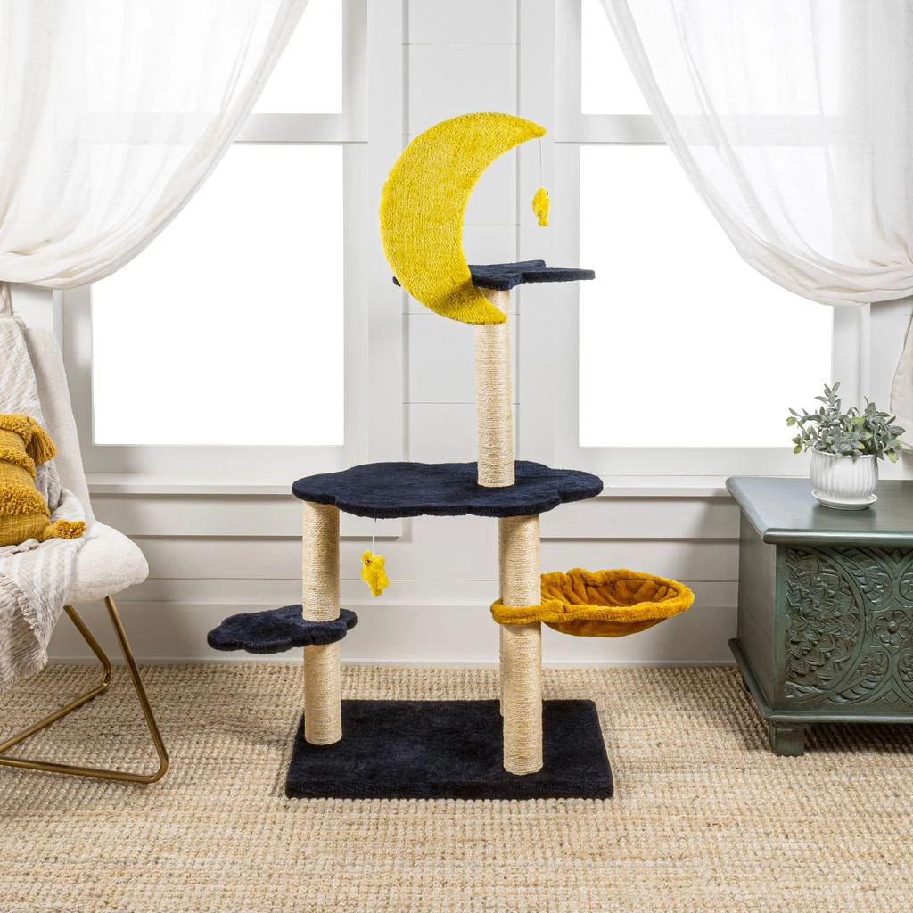 商品THE LICKER STORE|Aurora 49" 3-Tier Modern Sisal Moon And Stars Cat Tree with Scratching Posts, Basket, and Fuzzy Bell Toys, Navy/Yellow/White,价格¥1081,第3张图片详细描述
