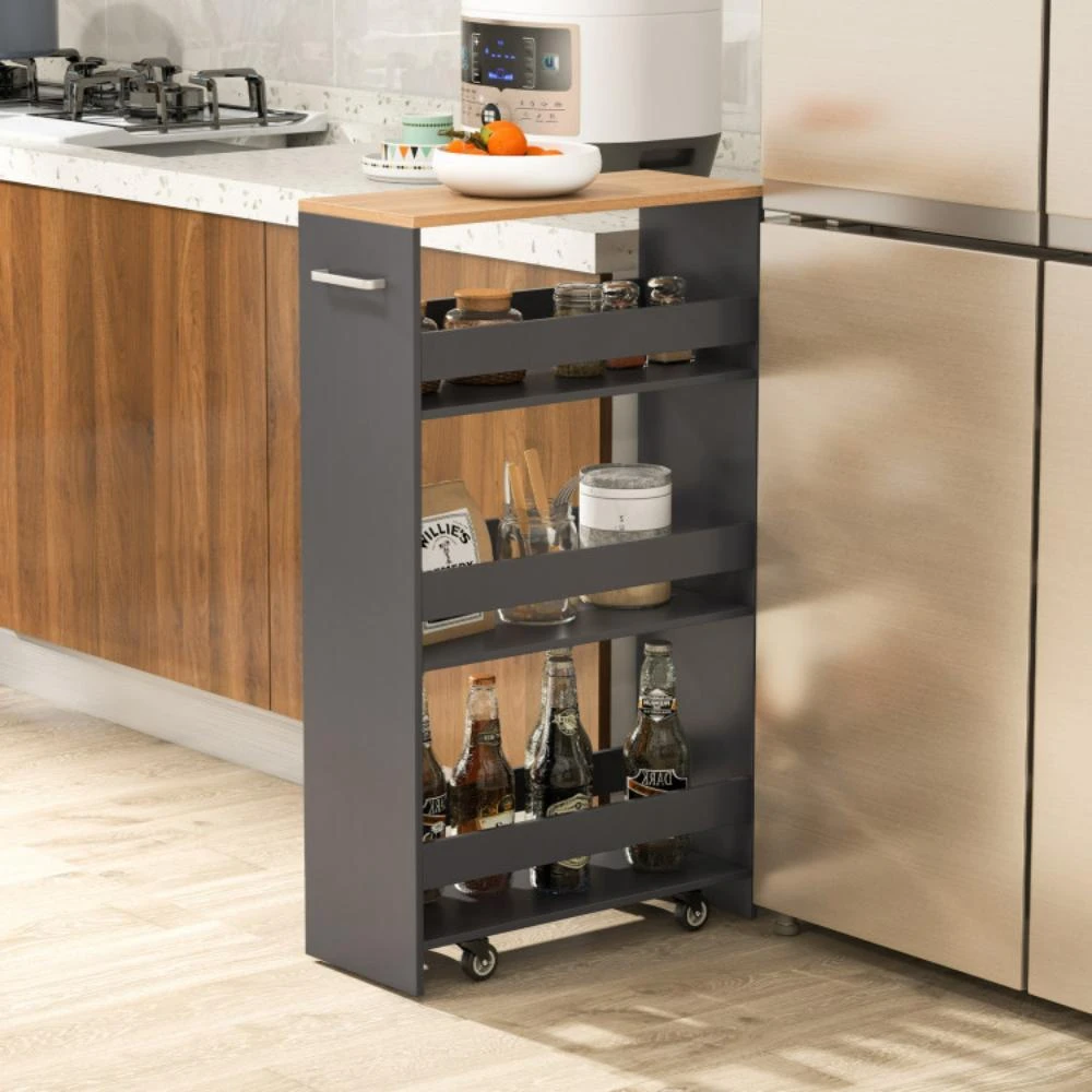 商品Hivvago|4-Tier Rolling Storage Cart Slim Kitchen Cart on Wheels with Open Shelves and Handle-Gray,价格¥614,第2张图片详细描述