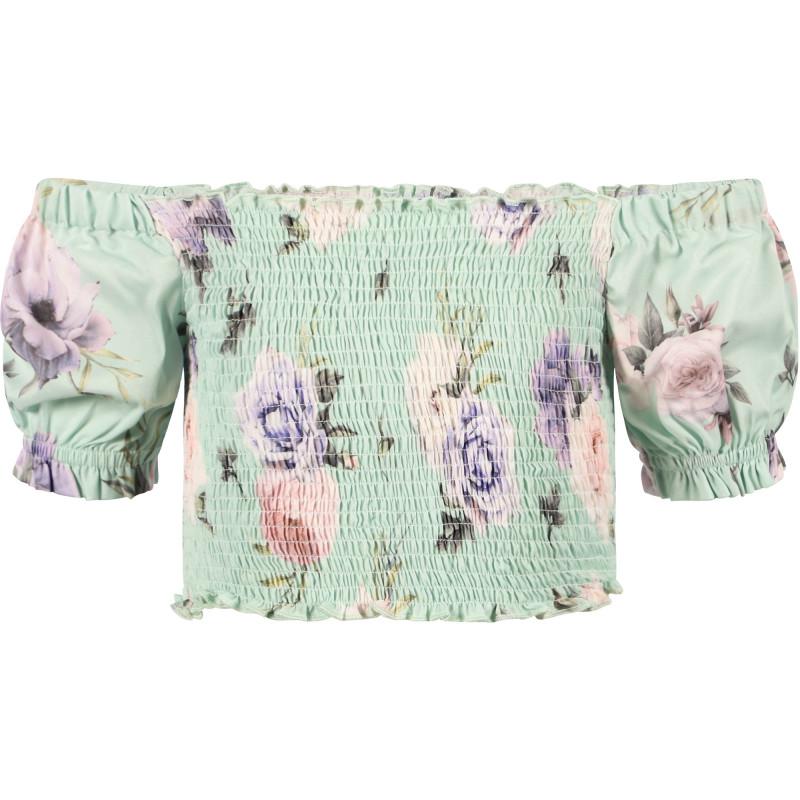 Roses print ruched cold shoulders top in green商品第1张图片规格展示