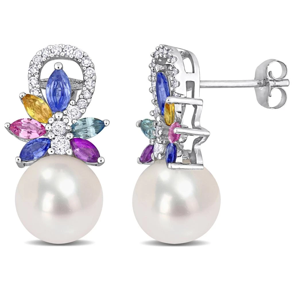 商品Mimi & Max|9-9.5 MM Cultured Freshwater Pearl and Multi Sapphire (Light Blue, White, Yellow, Pink, Purple & Green) and 1/8 CT TW Diamond Flower Drop Earrings in 14k White Gold,价格¥5015,第1张图片