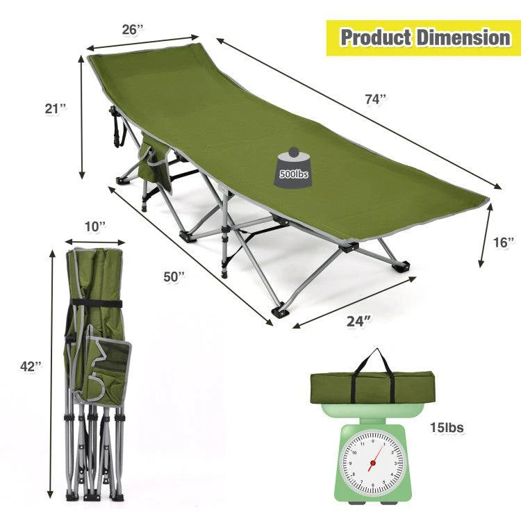 商品Hivvago|Folding Camping Cot with Side Storage Pocket Detachable Headrest-Green,价格¥442,第4张图片详细描述