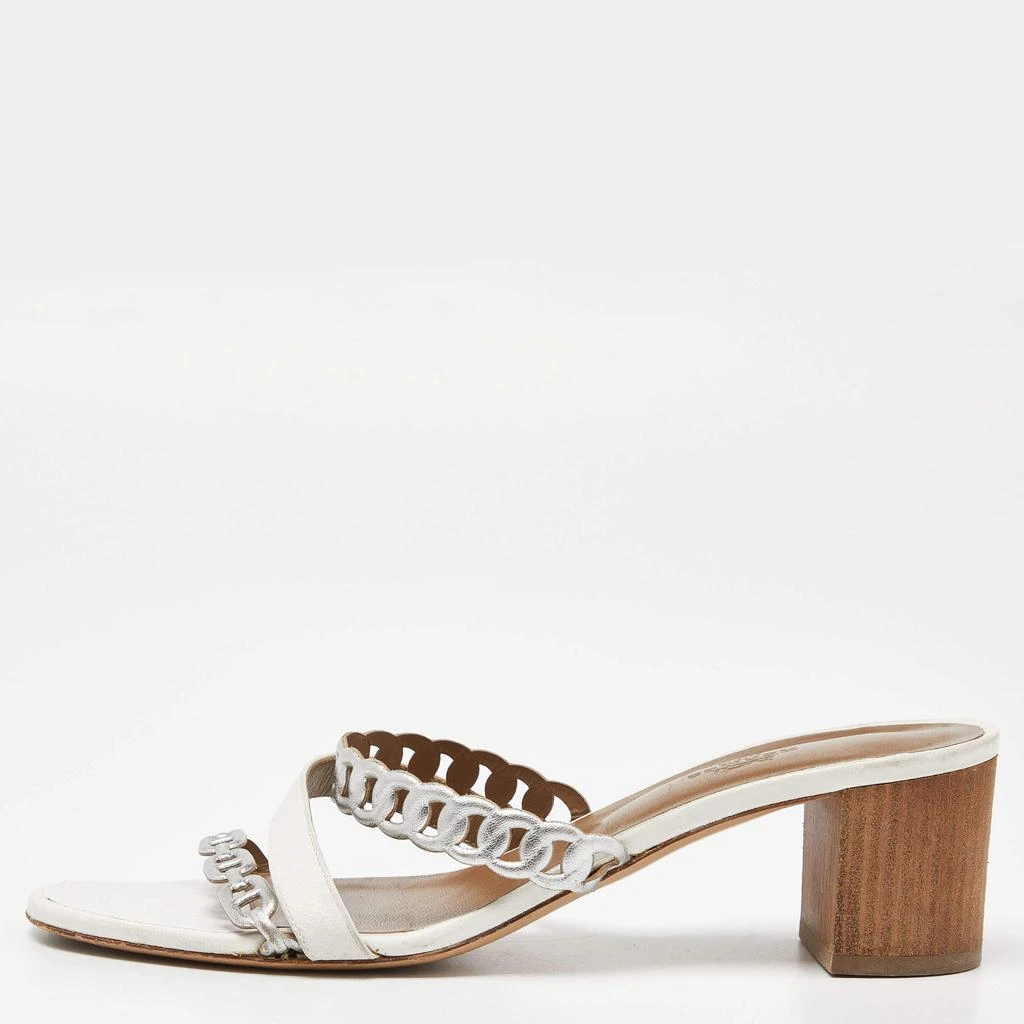 商品[二手商品] Hermes|Hermes White/Silver Leather Ajaccio Block Heel Slide Sandals Size 40,价格¥3957,第1张图片