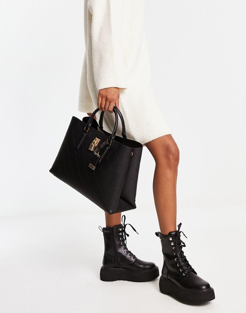 ALDO Mylah tote bag in black quilt with padlock商品第4张图片规格展示
