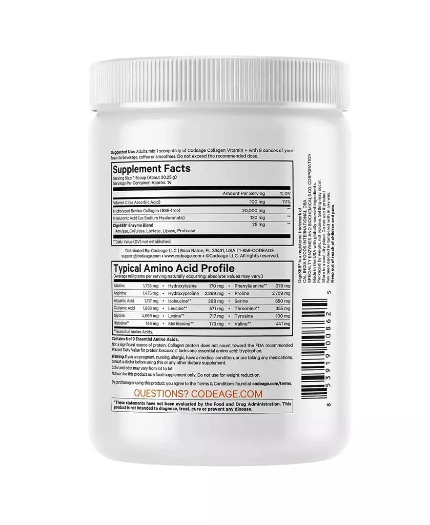 Collagen Vitamin C+ Powder, Peptides Type 1 & 3 Grass-Fed Bovine, Enzymes, Hyaluronic Acid, 9.98 oz 商品
