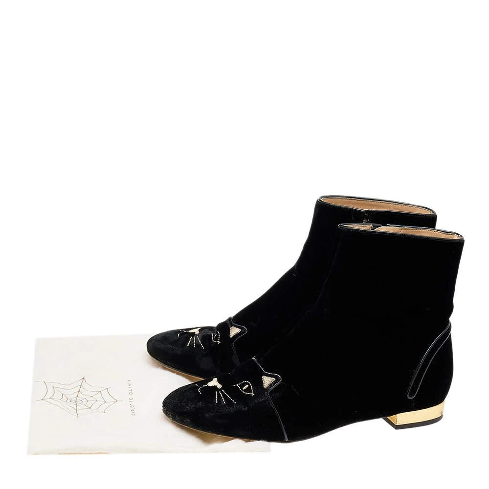 Charlotte Olympia Black Velvet Cat Embroidered Ankle Boots Size 39 商品