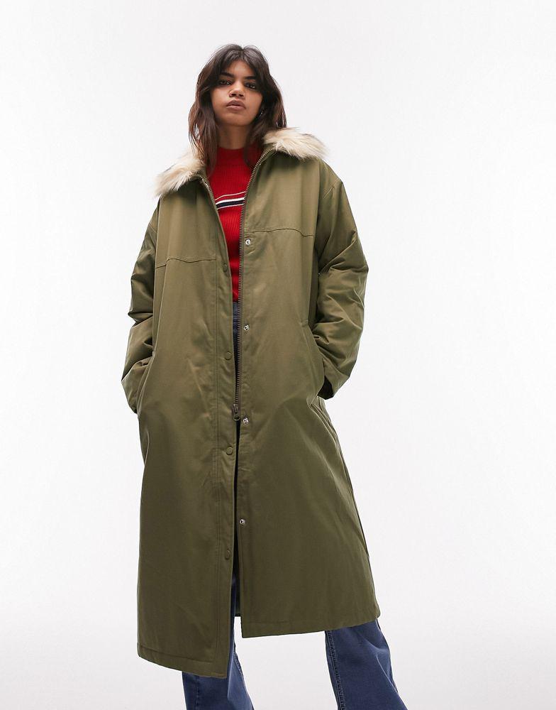 商品Topshop|Topshop longline parker jacket with faux fur collar in khaki,价格¥775,第1张图片