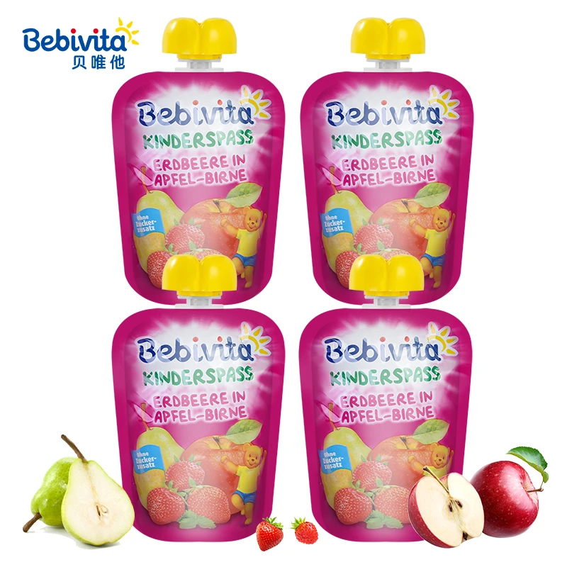 商品[保税仓发货] Bebivita|贝唯他德国进口苹果梨草莓水果泥无添加宝宝辅食吸吸乐90g*4 效期至2022年8月18日,价格¥78,第1张图片