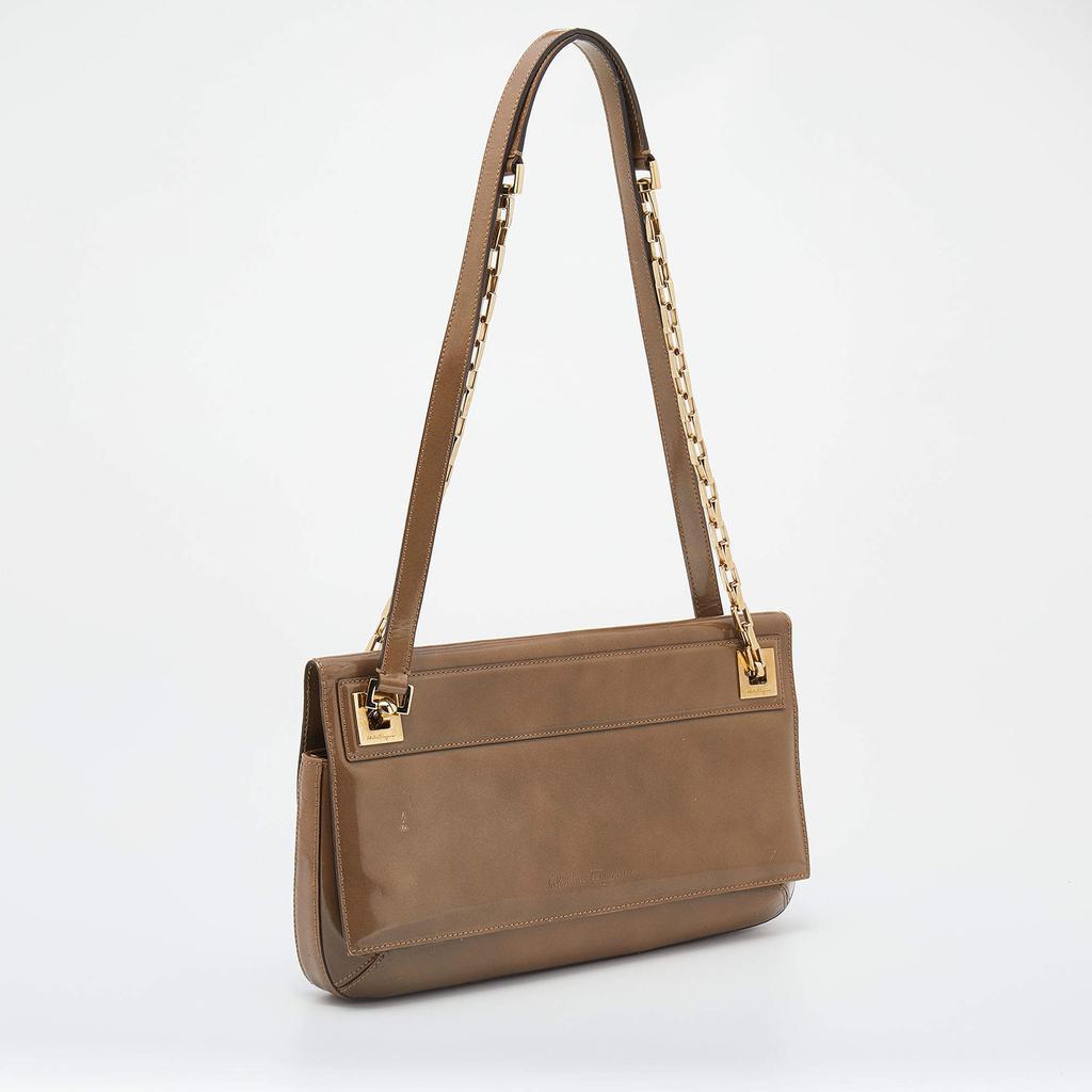 商品[二手商品] Salvatore Ferragamo|Salvatore Ferragamo Dark Beige Patent Leather Link Chain Shoulder Bag,价格¥1720,第5张图片详细描述