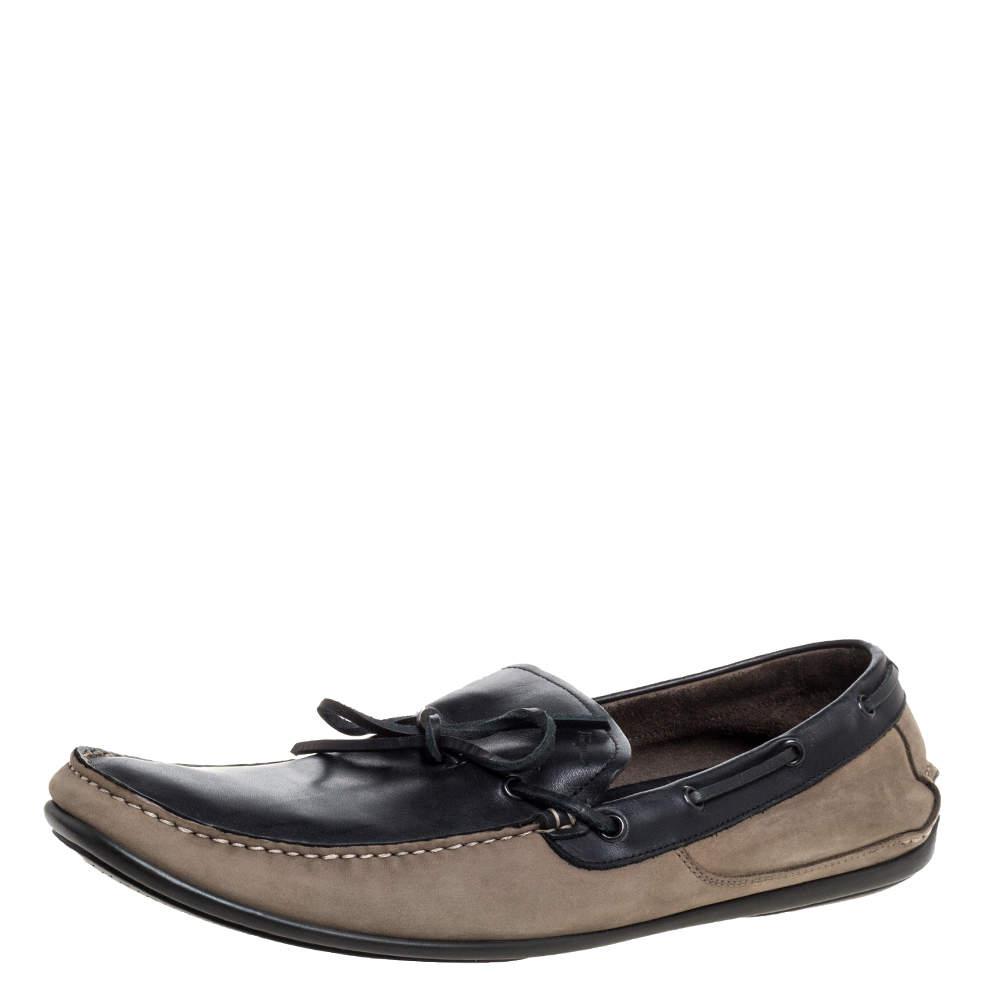Salvatore Ferragamo Brown/Grey Nubuck Leather Bow Slip On Loafers Size 46商品第1张图片规格展示