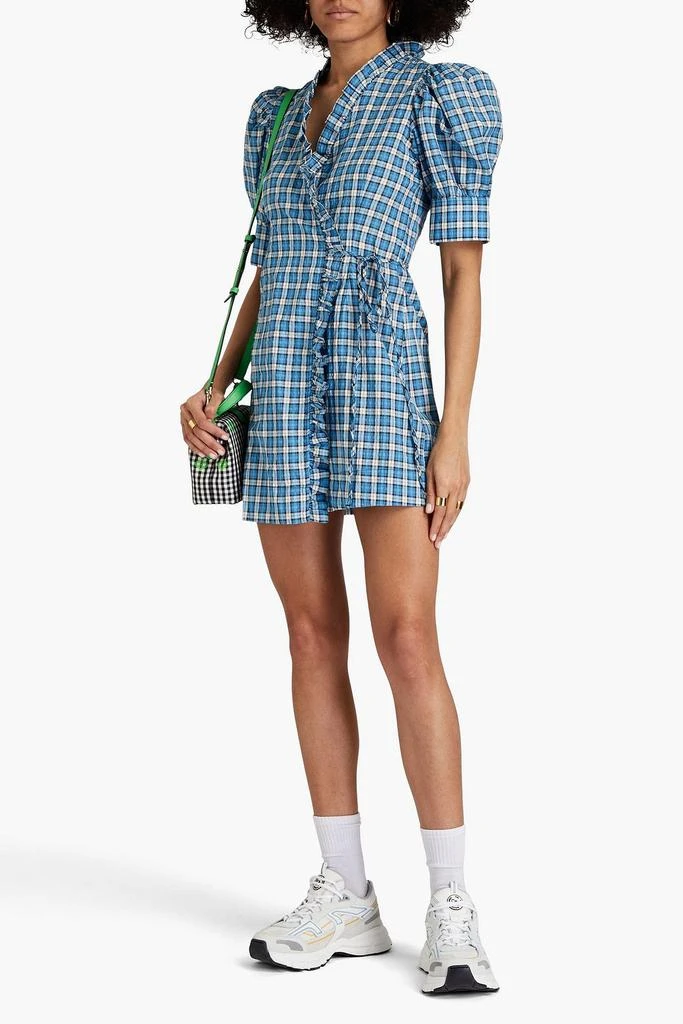 商品Ganni|Checked cotton-blend seersucker mini wrap dress,价格¥864,第2张图片详细描述