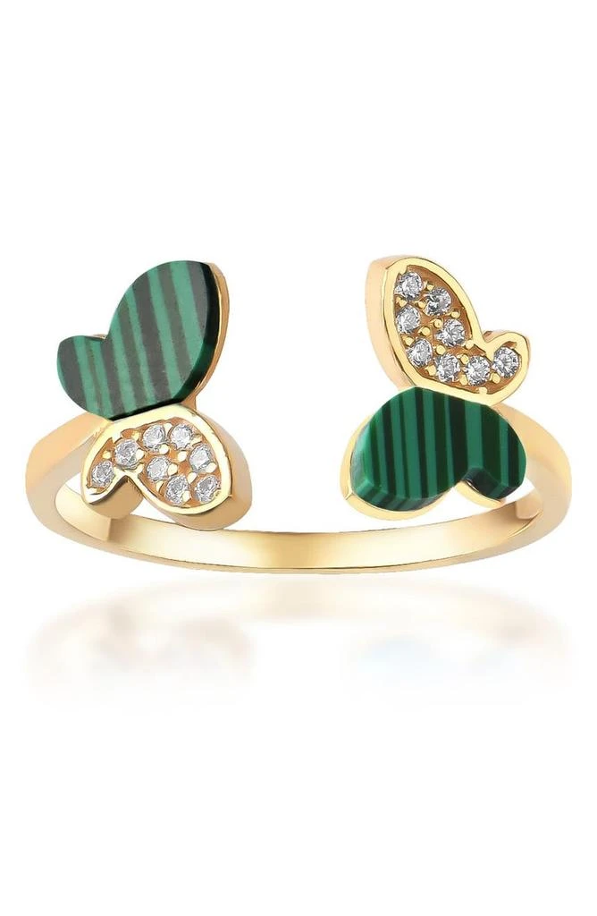商品Gabi Rielle|14K Yellow Gold Plated Sterling Silver Pave CZ Malachite Butterfly Open Band Ring,价格¥343,第1张图片