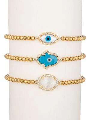 商品Eye Candy LA|​Luxe Hamsa & Evil Eye 18K Goldplated, Bead & Cubic Zirconia 3-Piece Bracelet Set,价格¥343,第1张图片