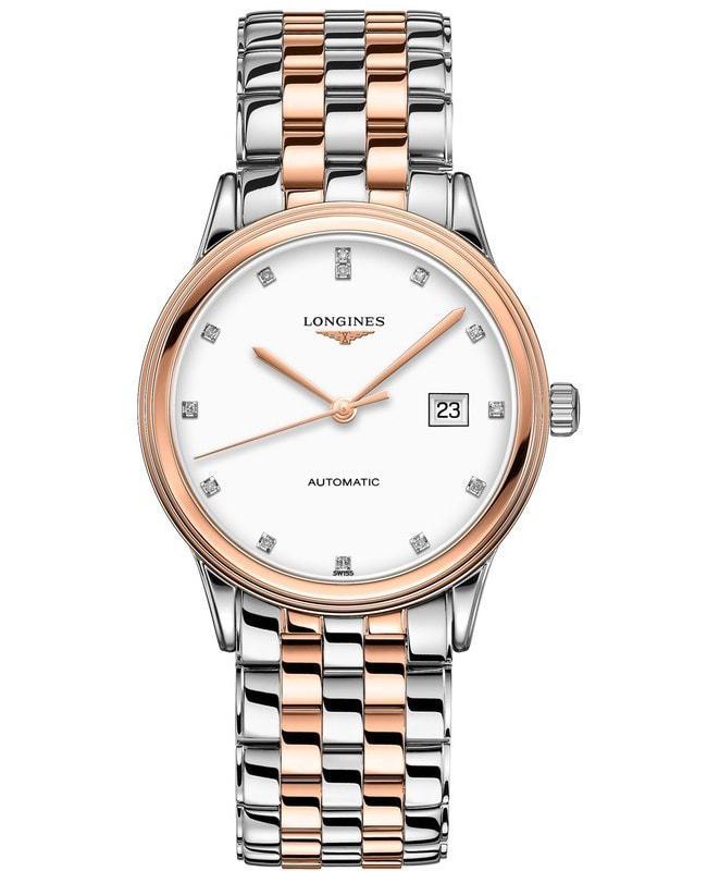 商品Longines|Longines Flagship Automatic White Diamond Dial Rose Gold Plated and Stainless Steel Unisex Watch L4.984.3.99.7,价格¥12329,第1张图片