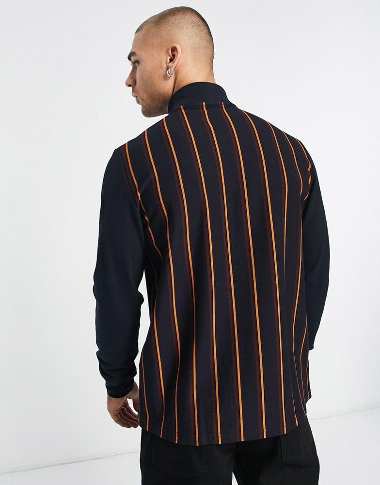 Fred Perry stripe pique long sleeve polo shirt in navy商品第4张图片规格展示